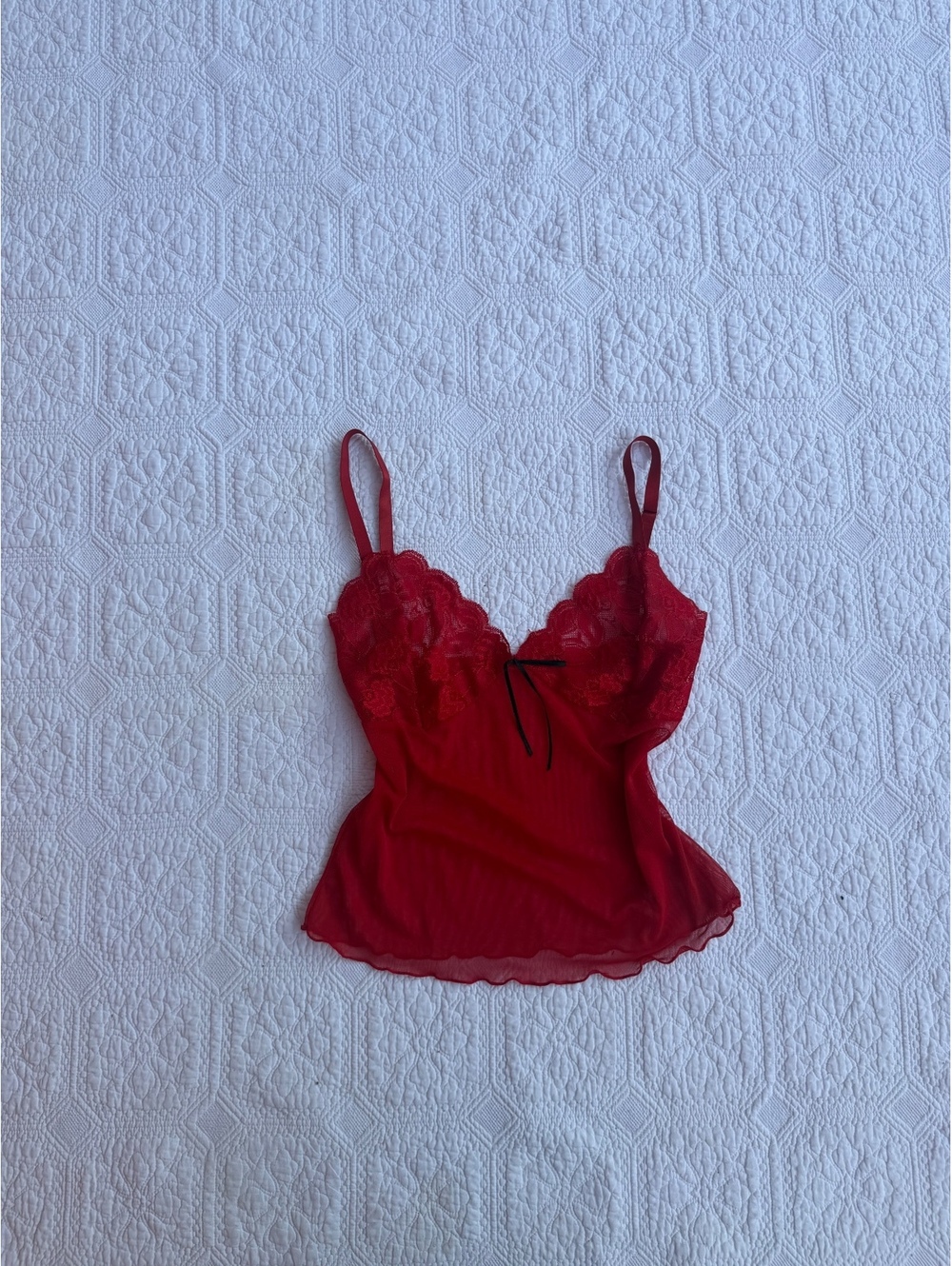 Vintage Lingerie Red Lace Trim Mesh Camisole Top with Adjustable Straps